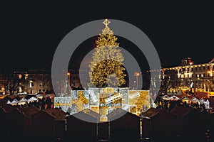 Beautiful real Christmas tree with market in Vilnius