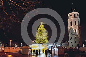 Beautiful real Christmas tree with market in Vilnius