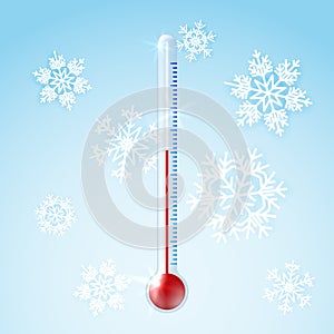 Beautiful realistic colorful thermometer vector with snowflakes on blue background