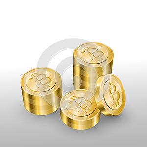 Beautiful realistic cryptocurrency vector of golden bitcoins piled on white background