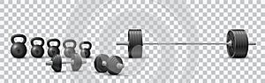 Beautiful realistic fitness vector of an olympic barbell, black iron dumbbels and a set of kettlebells on transparent background photo