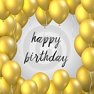 Beautiful realistic happy birthday vector greeting card with golden flying party balloons on white background