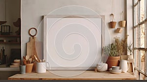 White blank frame mockup in living room interior background, Coastal boho style. Generative AI