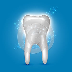 Beautiful realistic shiny white tooth cleansing dentist vector on blue background