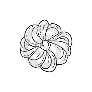 Beautiful realistic sweet bun in shape of flower with jam in black isolated on white background. Hand drawn vector sketch
