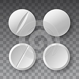 Beautiful realistic vector set of white pills on transparent background