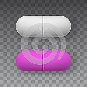 Beautiful realistic vector set of white and pink pills on transparent background