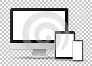Realistic vector set on transparent background of a modern smartphone, a tablet and a computer screen with white screens photo