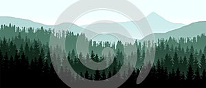 Beautiful realistic widescreen vector with dark green forested mountains