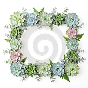 Succulent and Eucalyptus Leaf Frame on White Background