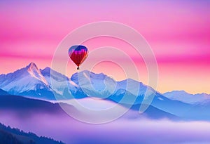 Beautiful red air balloon heart shape against blue and pink pastel sky in a sunny bright morning