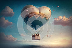 Beautiful red air balloon heart shape against blue sky. Romantic trip on Valentine\'s Day. Illustration