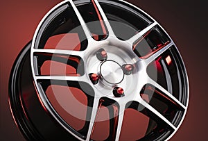 beautiful red alloy wheels close-up, sporty style wheel nuts in red on a black gradient background auto parts