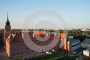 Beautiful red builiding at Castle square, Warsaw. Aerial view