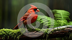Beautiful Red Cardinal On Wood Branch: Symbolic Photography In Rain