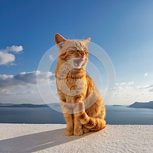 Beautiful red cat against the sunset with blue sky in Santorini, Greece