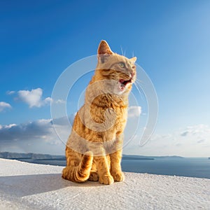 Beautiful red cat against the sunset with blue sky in Santorini, Greece