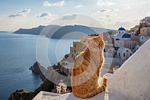 Beautiful red cat against the sunset with blue sky in Santorini, Greece