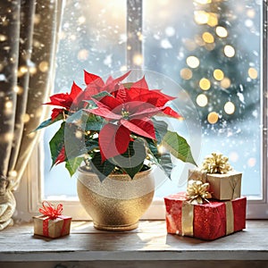 Beautiful red Christmas poinsettia flower and gifts on windowsill