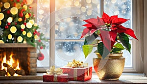 Beautiful red Christmas poinsettia flower by winter window view