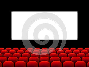 Beautiful red cinema hall with seats facing a white screen on a black stage vector