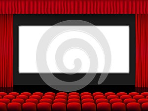 Beautiful red cinema hall with seats facing a white screen between red folded curtain drapes on a black stage vector