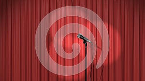 Beautiful Red Curtain with Spotlights and a Microphone on Stage, Seamless Looped 3d Animation. 4K