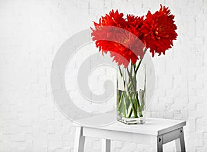 Beautiful red dahlia flowers in vase on light background