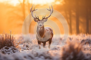 Beautiful red deer stag in winter landscape with hoarfrost,Fallow deer stag during rutting season at sunrise in winter, AI