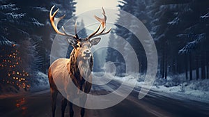 A beautiful red deer stands on a snowy forest road..