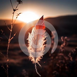 Beautiful red feather of a bird hangs in the air against a background of sunset sky close up, unusual composition,