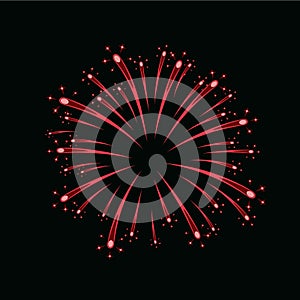 Beautiful red firework. Bright firework on black background. Light red decoration firework for Christmas, New