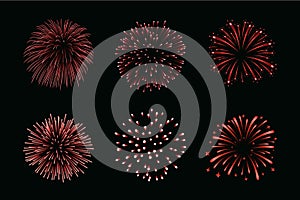 Beautiful red fireworks set. Bright fireworks isolated black background. Light red decoration fireworks for Christmas