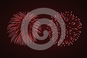 Beautiful red fireworks set. Bright fireworks isolated black background. Light red decoration fireworks for Christmas