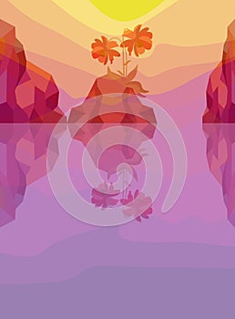 A beautiful red flower and mountains reflecting in the ocean at sunset or dawn. Aloha. Vector illustration. Travel, exotics photo