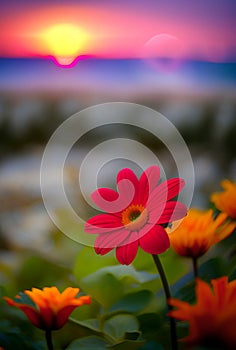 Beautiful red flower (Zinnia) in the evening. Sunset scence. AI Generated