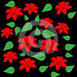 Beautiful Red Flowers And Green Leaves Seamless Pattern On Black Background.