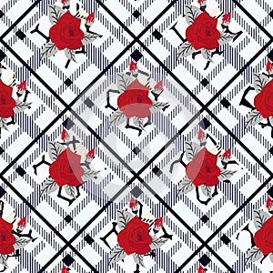 Beautiful red flowers pattern on plaid background. pattern of rose, eps 10