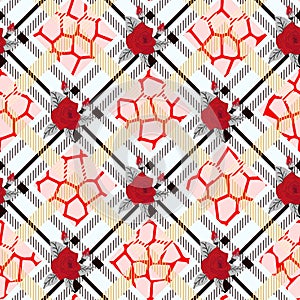 Beautiful red flowers pattern on plaid background. pattern of rose, eps10