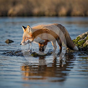 A beautiful red fox standing in the water. Very focused on her prey. Photos with images of wildlife. Ready to hunt.