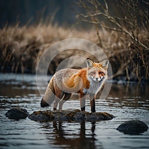 A beautiful red fox standing in the water. Very focused on her prey. Photos with images of wildlife. Ready to hunt.