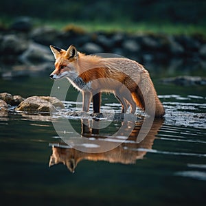 A beautiful red fox standing in the water. Very focused on her prey. Photos with images of wildlife. Ready to hunt.