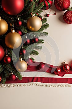 A beautiful red and gold Christmas wreath is adorned with white flowers and green pine branches, set against a pure white
