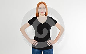 Beautiful red hair girl in a black t-shirt isolated on white. Pretty smile red head woman in tshirt mock up blank