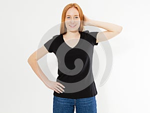 Beautiful red hair girl in a black t-shirt  on white. Pretty smile red head woman in tshirt mock up blank