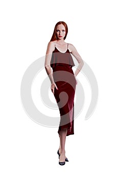 Beautiful red hair women model in red velvet dress