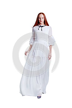 Beautiful red hair women model in white lace cotton dress