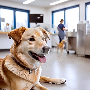 A beautiful red-haired dog in a veterinary clinic. Taking care of pets