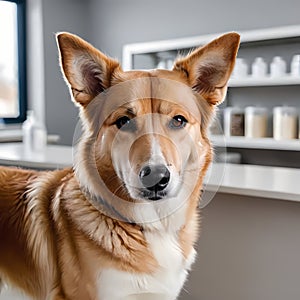 A beautiful red-haired dog in a veterinary clinic. Taking care of pets