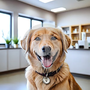 A beautiful red-haired dog in a veterinary clinic. Taking care of pets